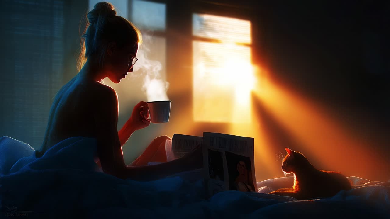A Serene Morning Encounter: A Woman Enjoys Coffee in Bed While Relaxing with Her Cat, Bathed in the Warm Glow of Sunrise as Rays Shine Through the Window