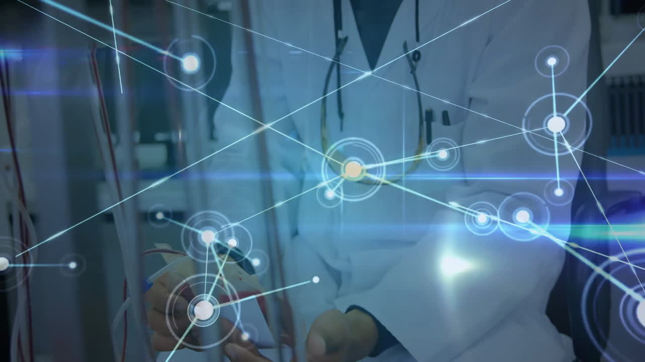 Network of connections and data processing animation over medical professionals in hospital