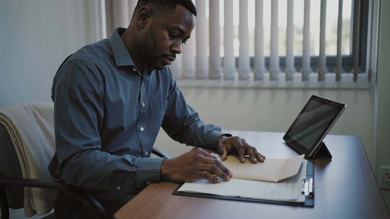Placing papers on clipboard, man in blue shirt leaning at desk by blinds, reviewing paperwork