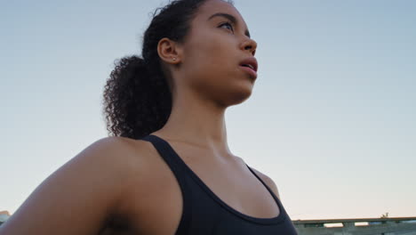 black woman, runner and breathing for fitness