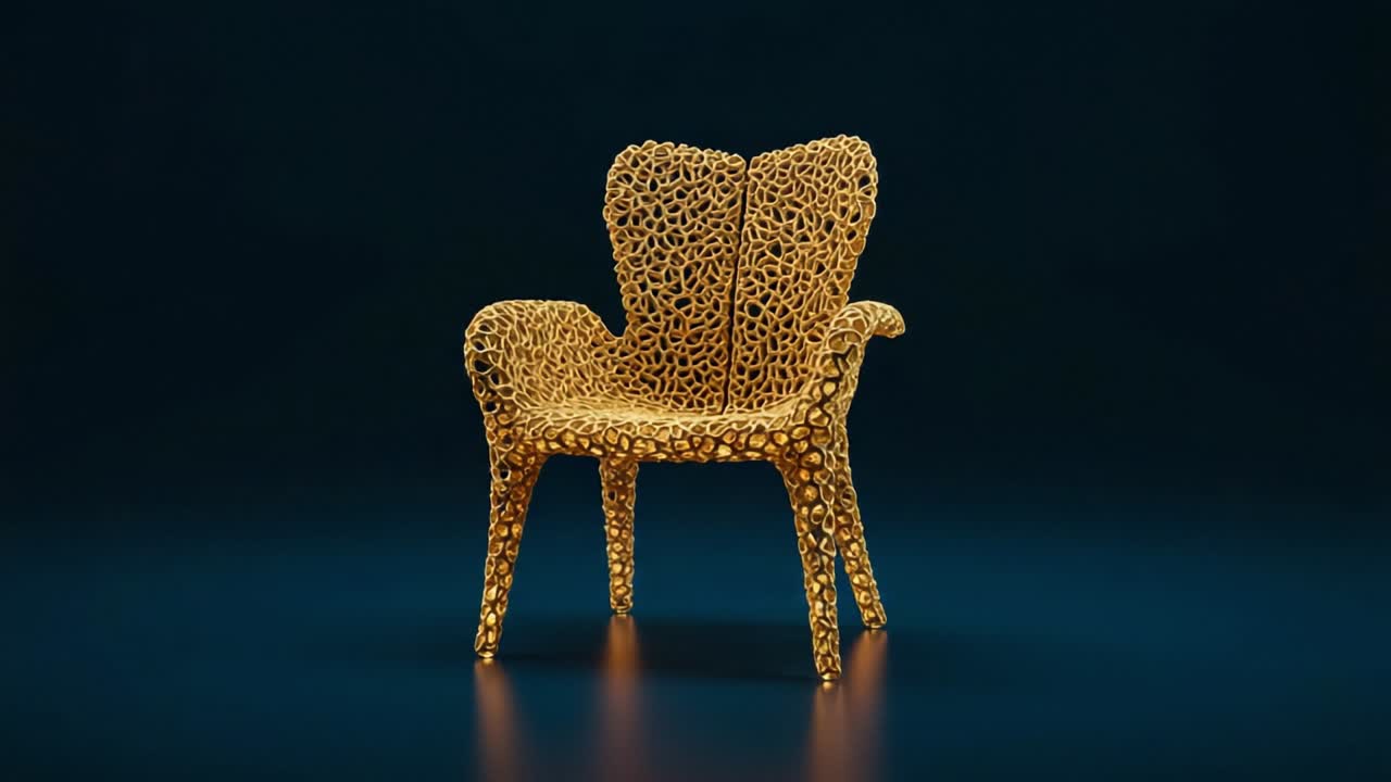 A Stunning Golden Decorative Chair Showcasing Intricate Design with a Unique Shape, Perfect for Adding a Touch of Elegance to Any Interior Space or Art Installation