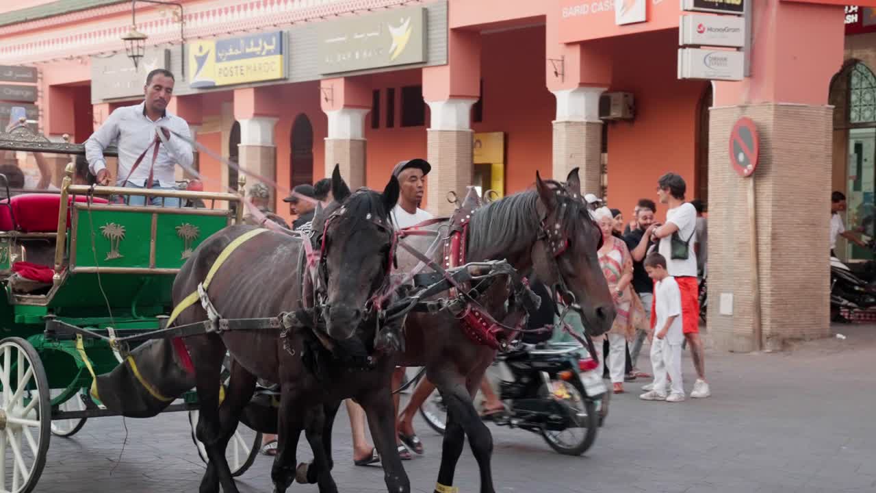 Horse-drawn carriage ride through the vibrant streets of Marrakesh on a sunny day