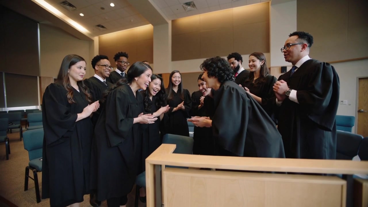 Afgestudeerde in toga leunt, inspireert medestudenten die binnenkomen, klappend, ceremonie vierend bij het spreekgestoelte in de hal