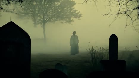 a woman walks through a foggy graveyard.