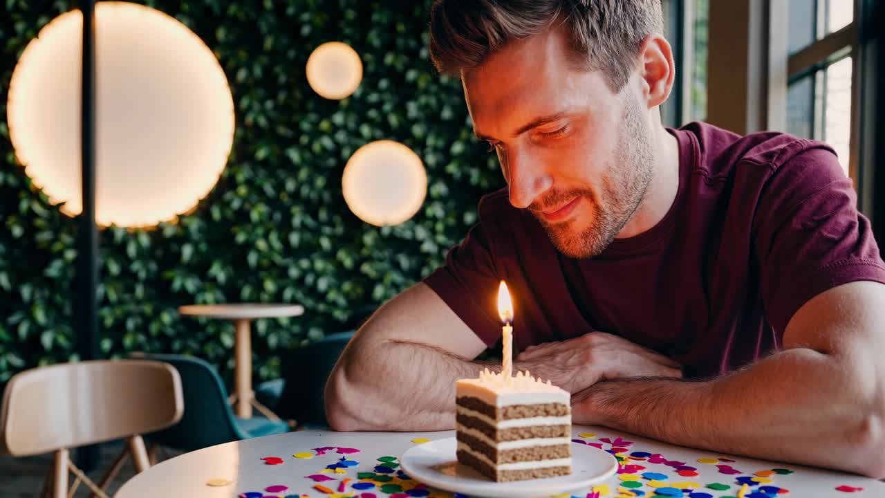montaje de un hombre feliz sentado en una mesa en un café moderno, sonriendo y mirando una rebanada de pastel de cumpleaños con una vela encendida y confeti colorido