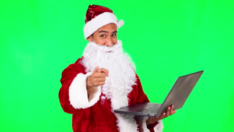 Santa-Claus,-Christmas-and-man-on-laptop-on-green