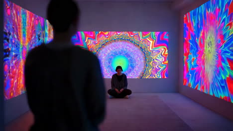 people viewing vibrant digital art in an immersive gallery