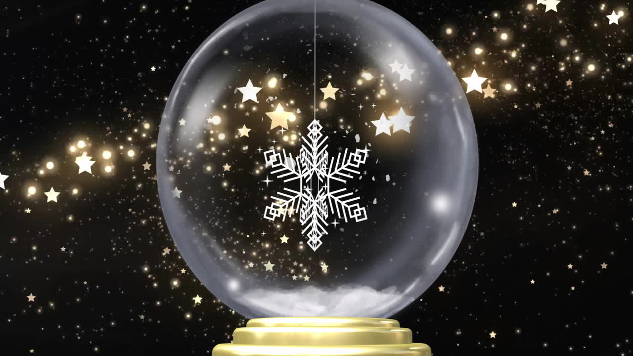 Animation of snow flakes falling over christmas snow globe on black background