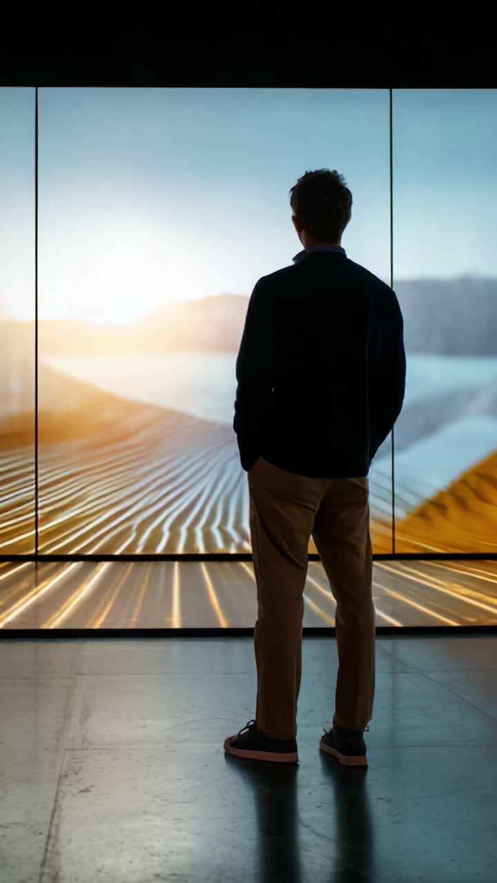 A Man Stands Contemplatively Before an Expansive Digital Landscape Display, Engaging with the Art of Light and Perspective in a Modern Gallery Environment