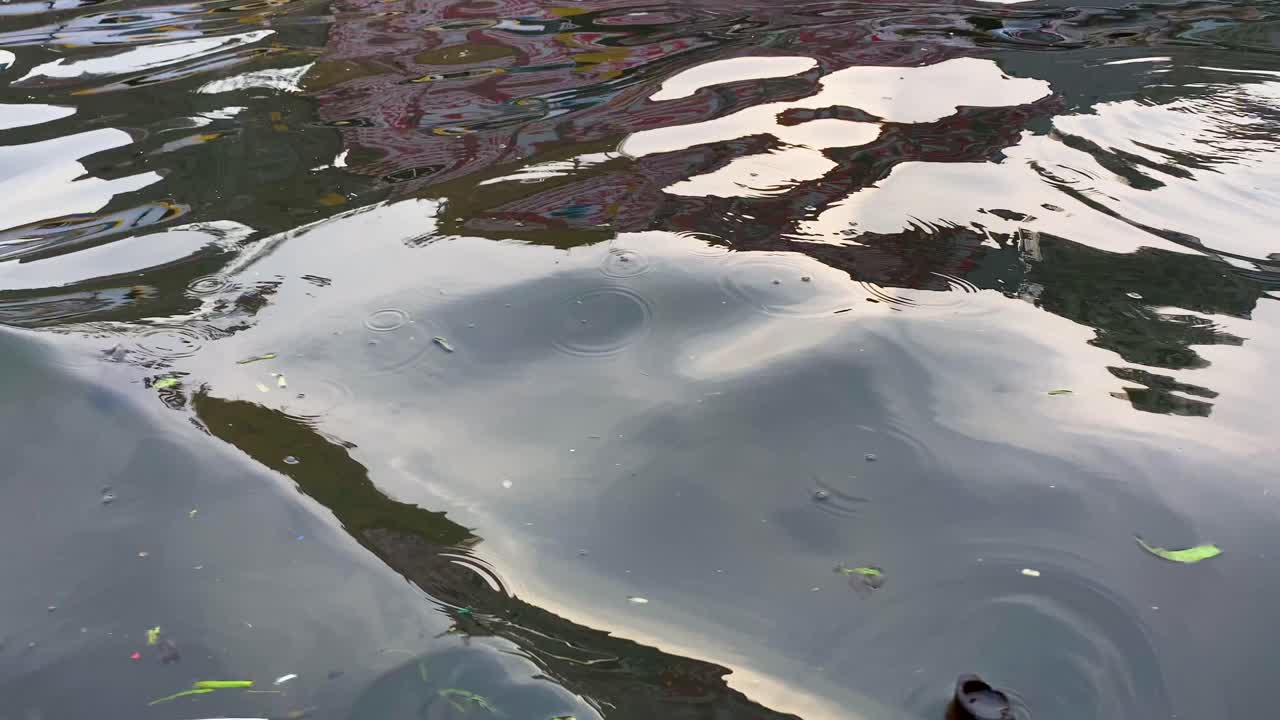 Rippling water reflecting abstract urban images, vibrant colors, with floating debris