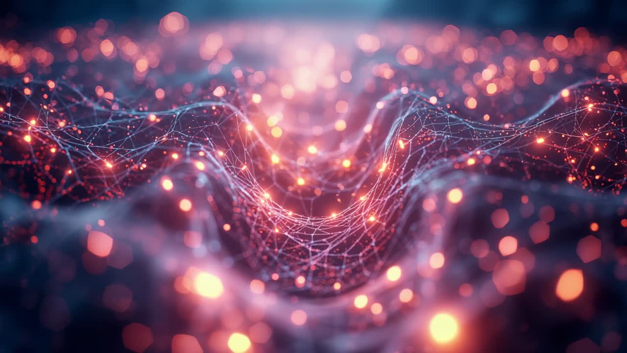 Maglia digitale iniziale che ondeggia, con nodi pulsanti e luminosi che si increspano, per poi rallentare il movimento sulla griglia