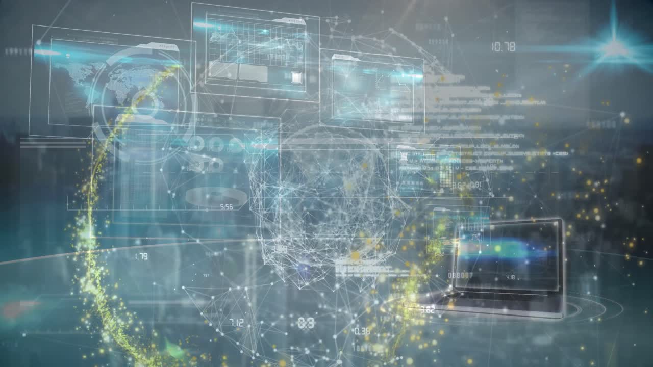 데이터 처리 및 전 세계에 대한 빛의 점의 애니메이션 및 검은 바탕에 스 스캔