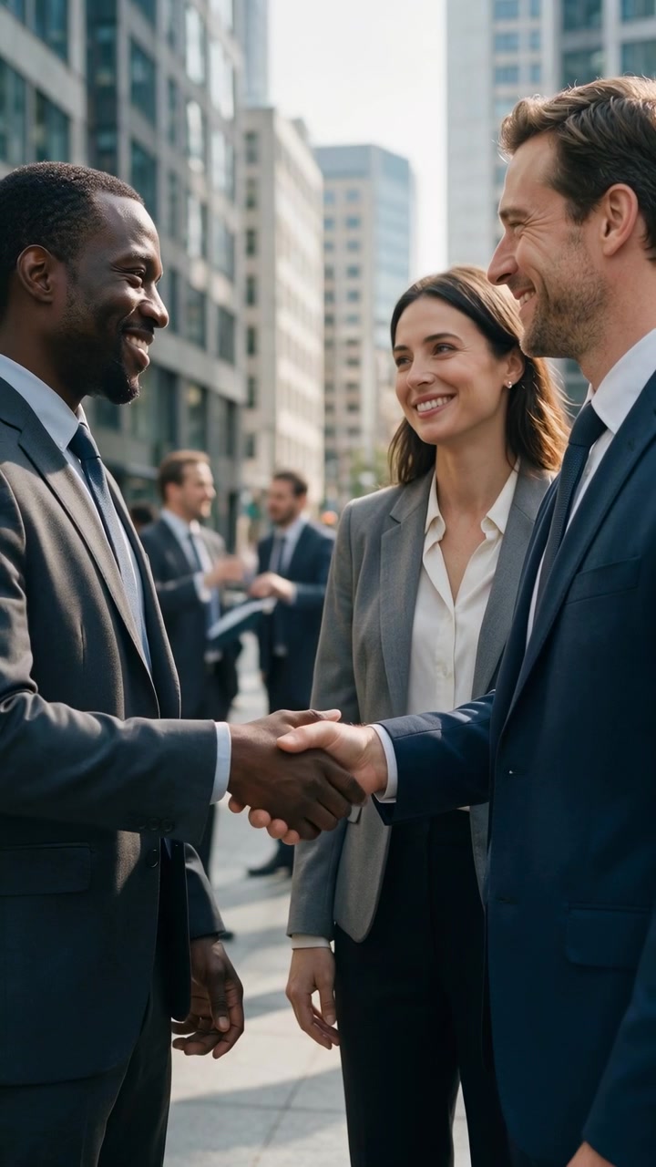 Due uomini in abito si stringono la mano e conversano cordialmente su una vivace strada urbana, circondati da alti edifici in cemento. La scena cattura l'essenza del networking professionale e della cordialità.