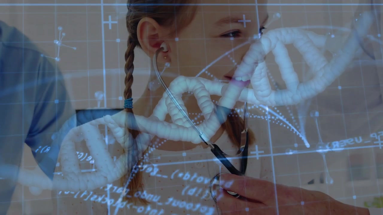 Child placing earpieces while doc bringing chestpiece for checkup, DNA helix overlay showing face