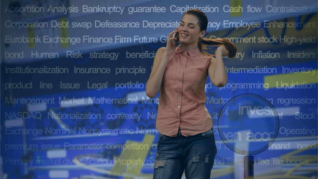 Animation of caucasian woman talking on smartphone over server room