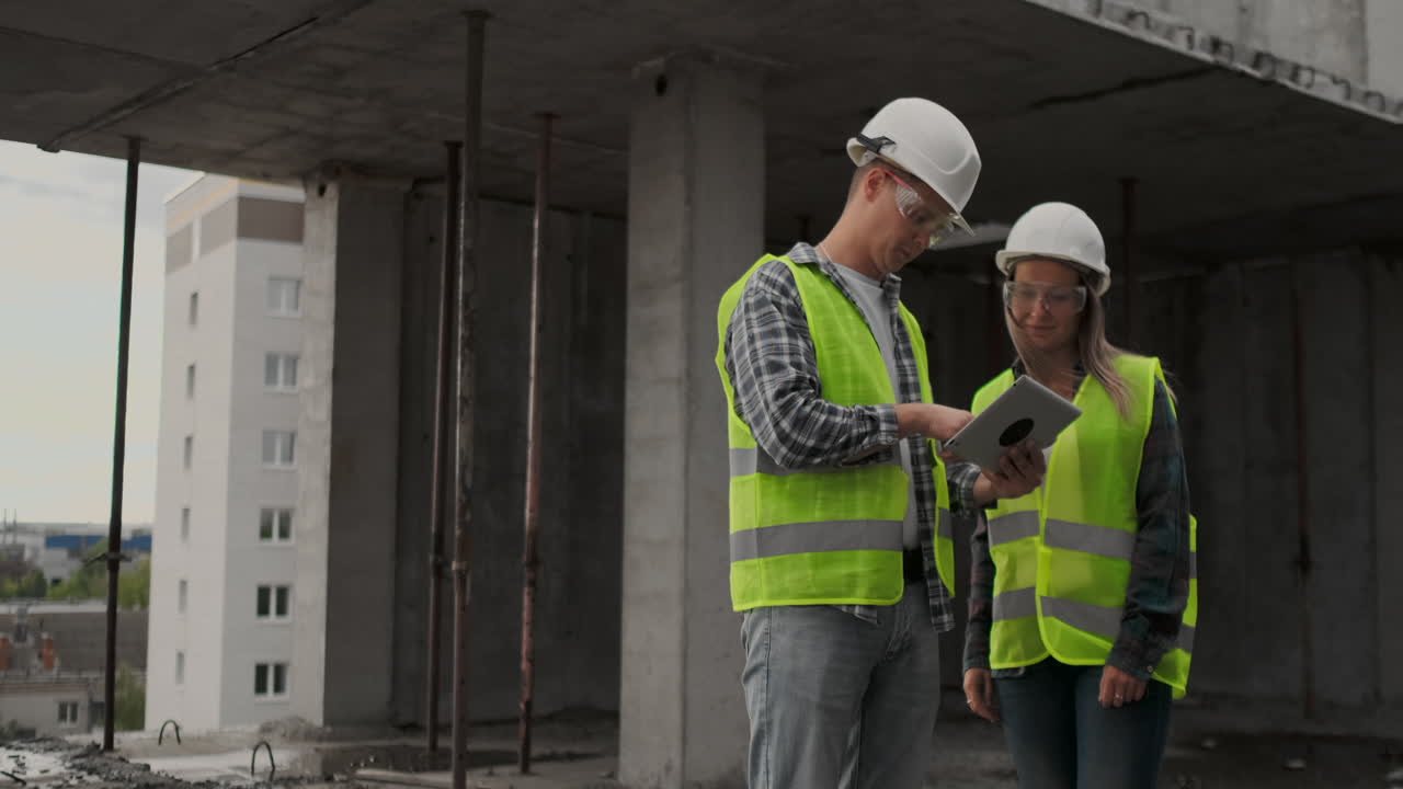 dos ingenieros un hombre y una mujer con cascos blancos con una tableta en el sitio de construcción condenan el plan de construcción del edificio