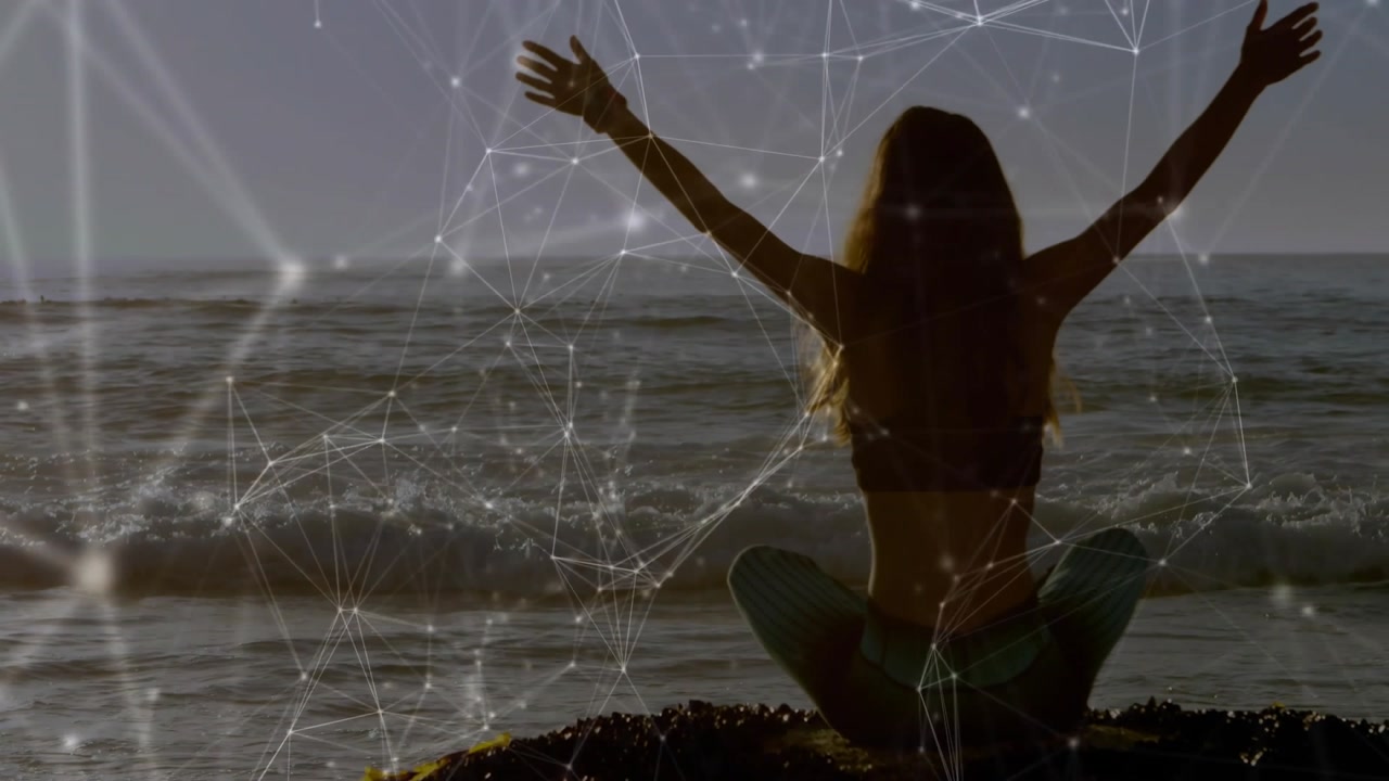 Wellness woman initiating mindful flow on ocean waves cue generating pulsing network lines for calm