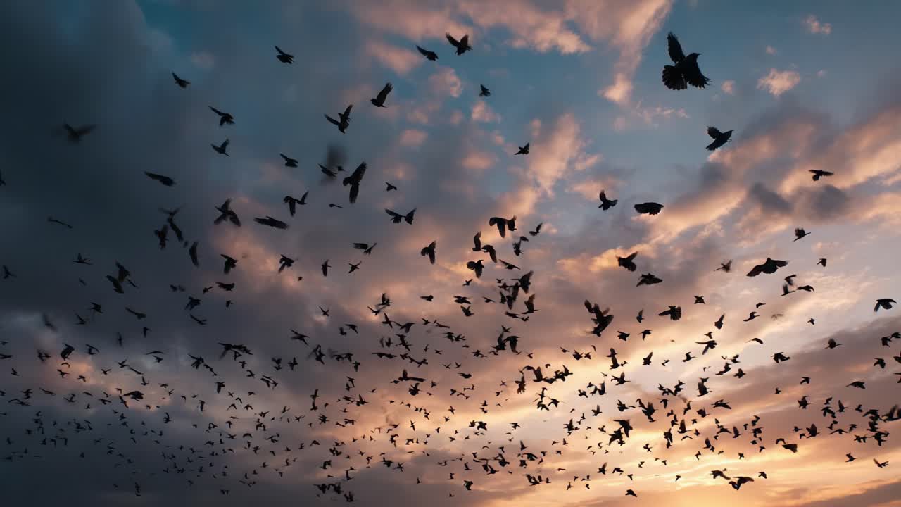 A Majestic Sunset Scene Featuring a Breathtaking Flock of Birds in Flight, Creating an Enchanting Display Against a Colorful Sky and Dramatic Cloud Formation