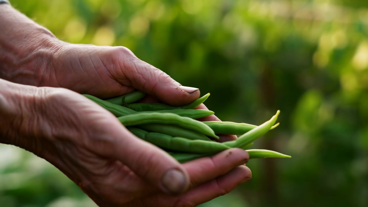 Hands harvesting fresh green beans in garden midsequence gentle inspection during harvest routine