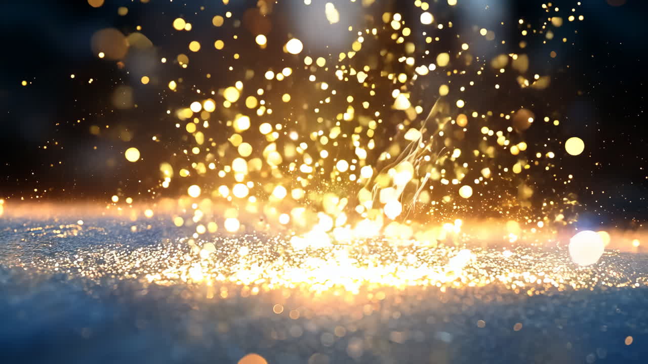 A blurry image of snow with a bright yellow spot in the middle. The snow is falling and the yellow spot is glowing