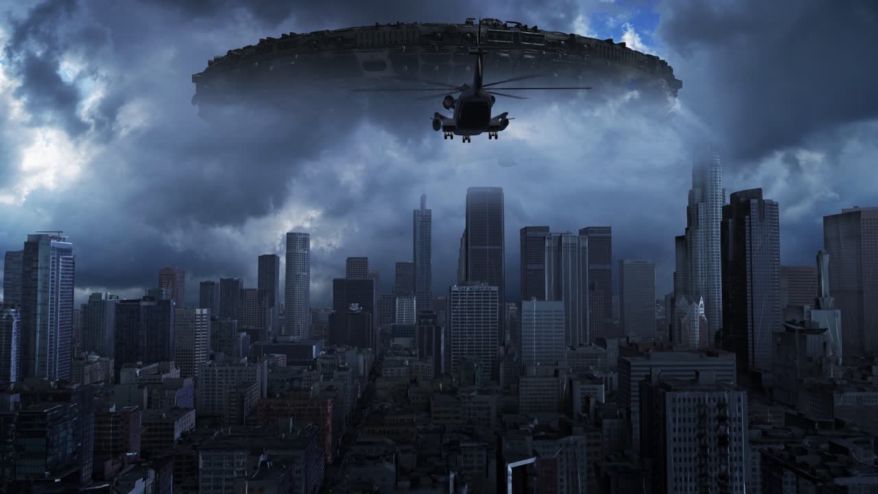 Futuristic Cityscape with UFO and Helicopter