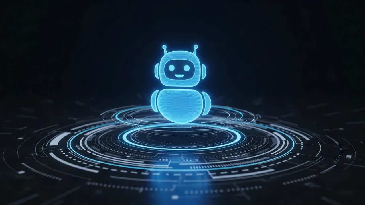 A Futuristic Digital Robot Character in a High-Tech Environment, Displaying a Friendly Expression and Neon Blue Glow with Circular Patterns Surrounding It