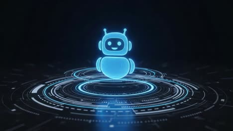 a futuristic digital robot character in a high-tech environment, displaying a friendly expression and neon blue glow with circular patterns surrounding it