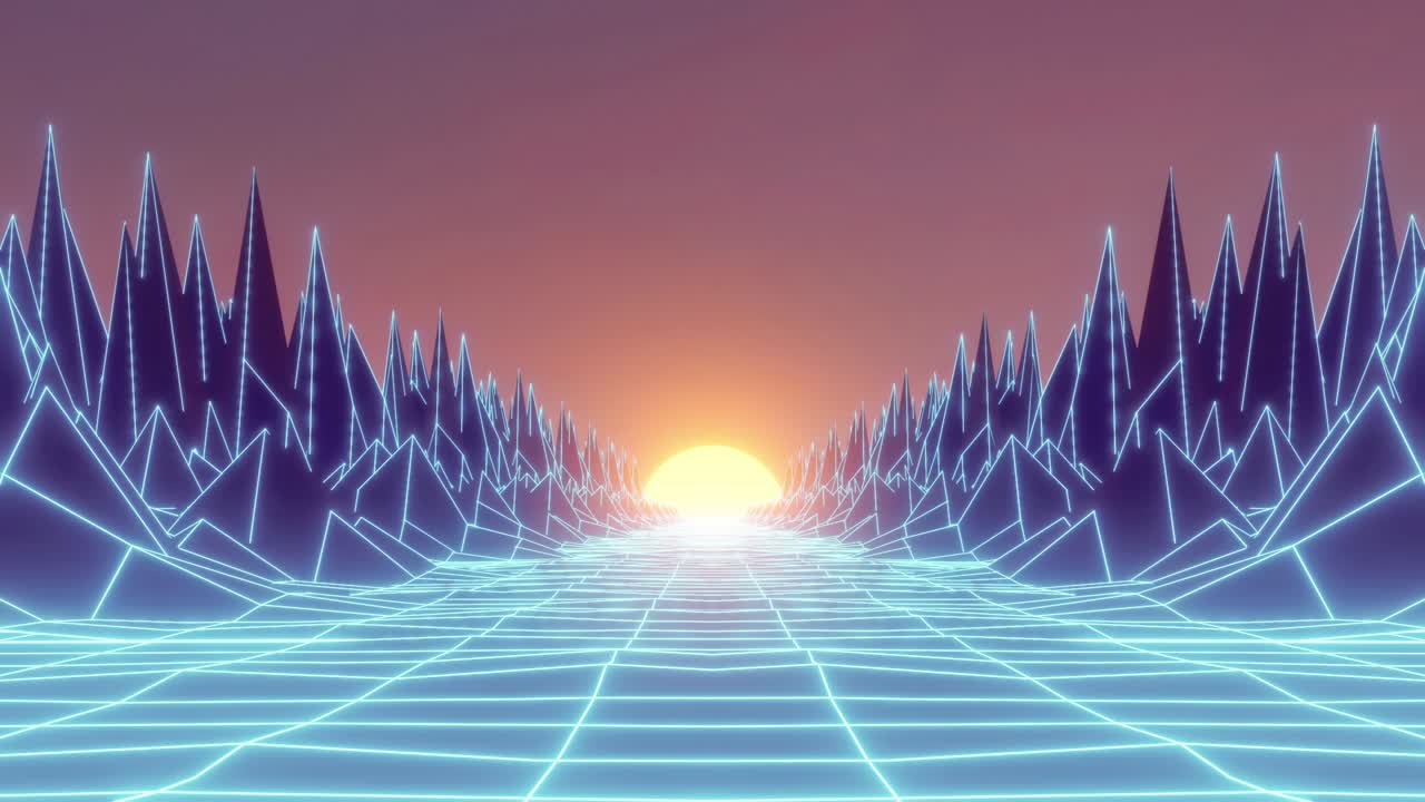 fondo retro futurista estilo de los años ochenta. renderización 4k 3d de bucle sin costuras paisaje retrowave vj animación. fondo retro futurístico estilo de los anos noventa. cinta vhs arcade paisaje de introducción de videojuegos vintage
