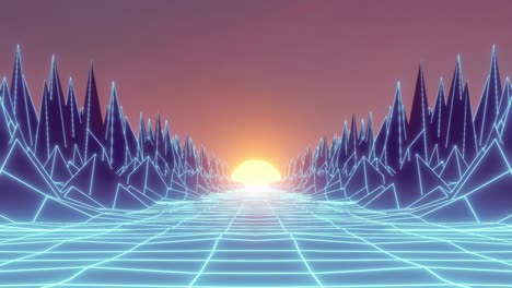 retro futuristic background 80s style. 4k 3d rendering seamless loop retrowave landscape vj animation. 90s style retro futuristic background. vhs tape arcade vintage video game intro landscape