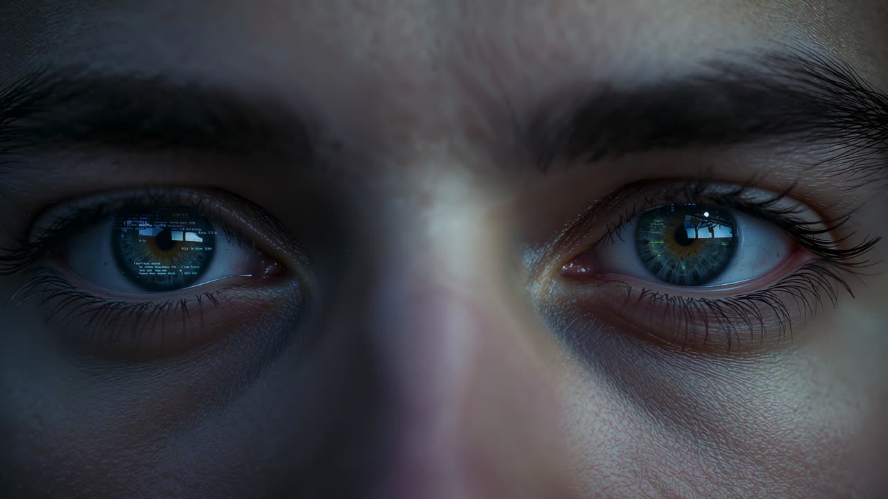 Blinking woman starting blink, opening eyes in studio, showing teal irises with window glint, brows