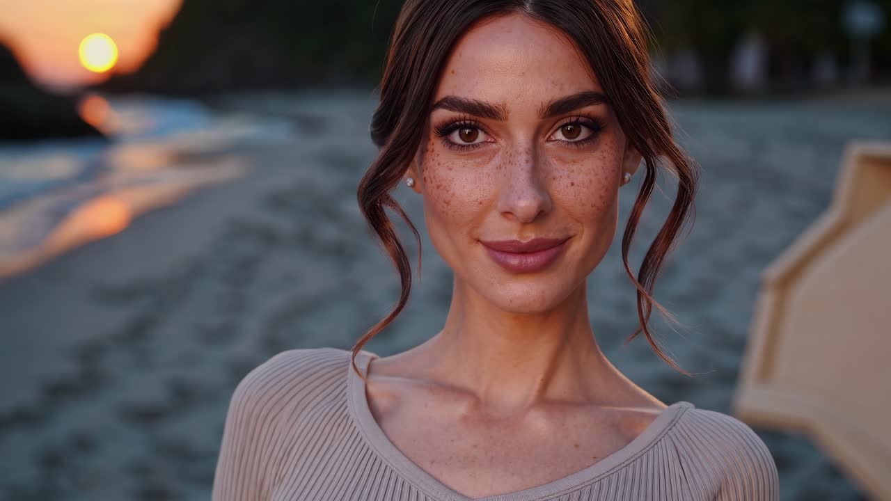 Beautiful woman with freckles and elegant hairstyle posing on a beach during sunset, enjoying the golden hour light, with a blurred background featuring the ocean and setting sun