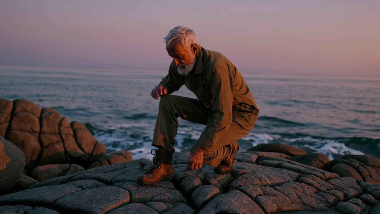 Älterer Mann auf den Felsen bei Sonnenaufgang