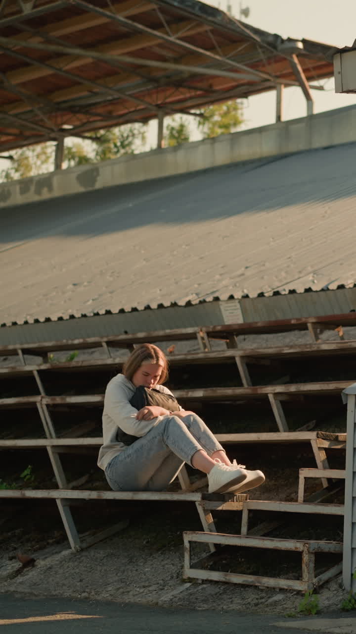 mujer sentada sola en las gradas vacías del estadio en una postura reflexiva, manos sosteniendo su bolsa cerca, techo de metal y vegetación circundante proporcionan un fondo natural sereno