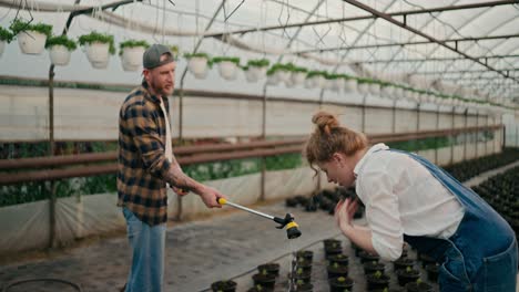 confident guy in a cap in a plaid shirt holds a watering can to help a girl wash her hands after a hard day on a farm in a greenhouse