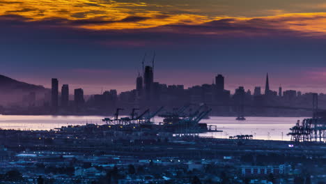 Timelapse-of-colorful-golden-clouds-moving-in-sky-over-San-Francisco-port,-USA