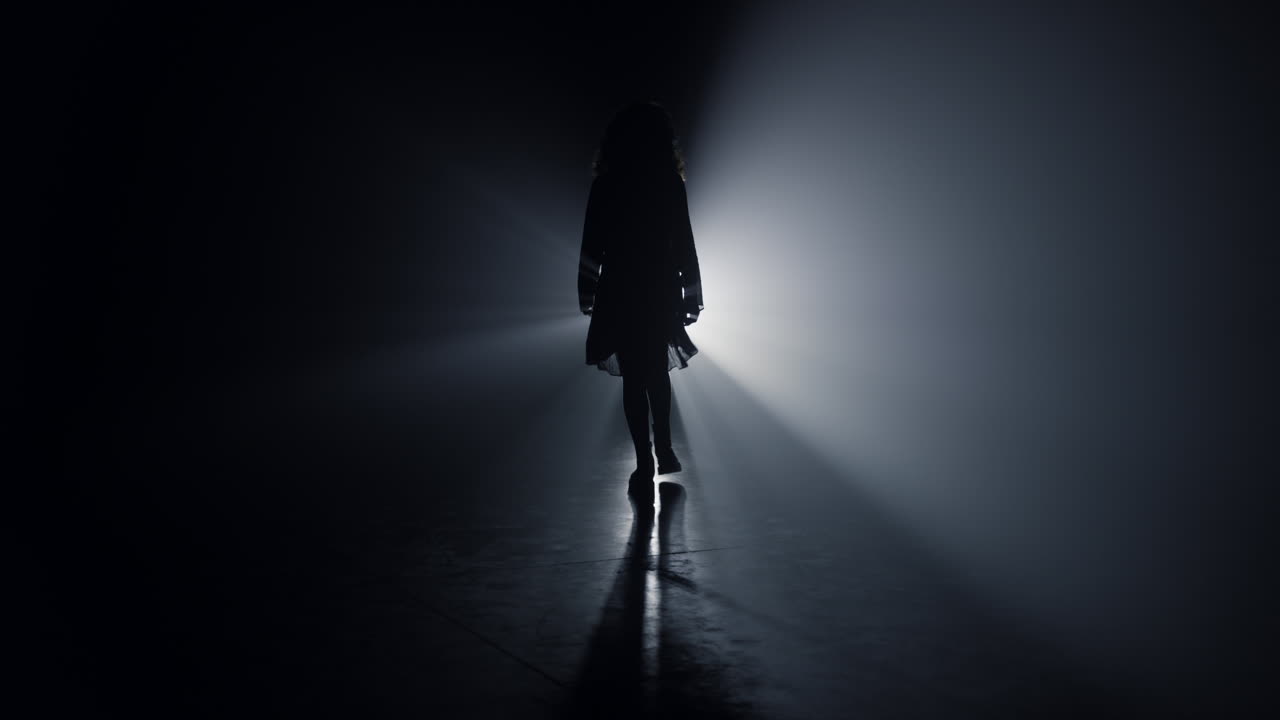 Silhouette slim girl going away in darkness. Back view girl walking in dark.