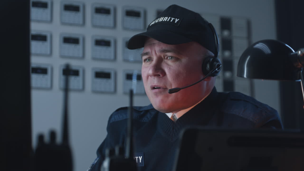 A security guard monitors a control room