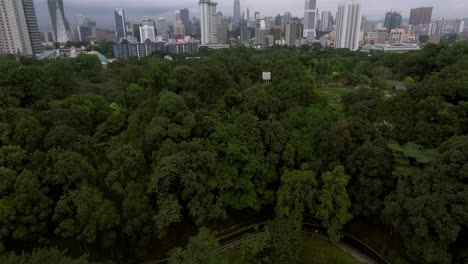 drone flying over a forest and discovering kuala lumpur malaysia far behind