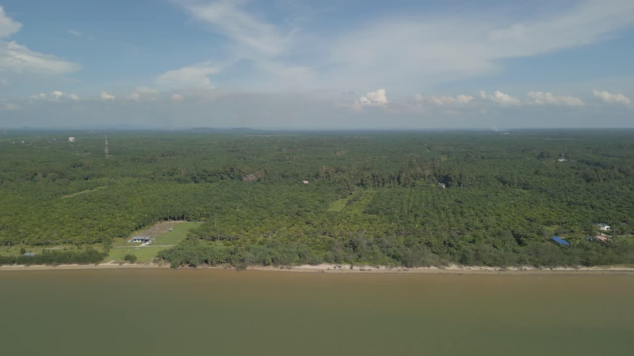 Aerial Drone View During Summer Alit Fishing Village,Kabong With, Facing Open Blue Sea, White Sandy Beach,Green Coconut, Palm Trees,And River,Sarawak,Borneo