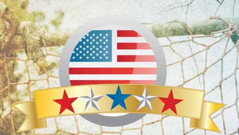 animation of stars on gold banner with american flag, over male soldier climbing assault course
