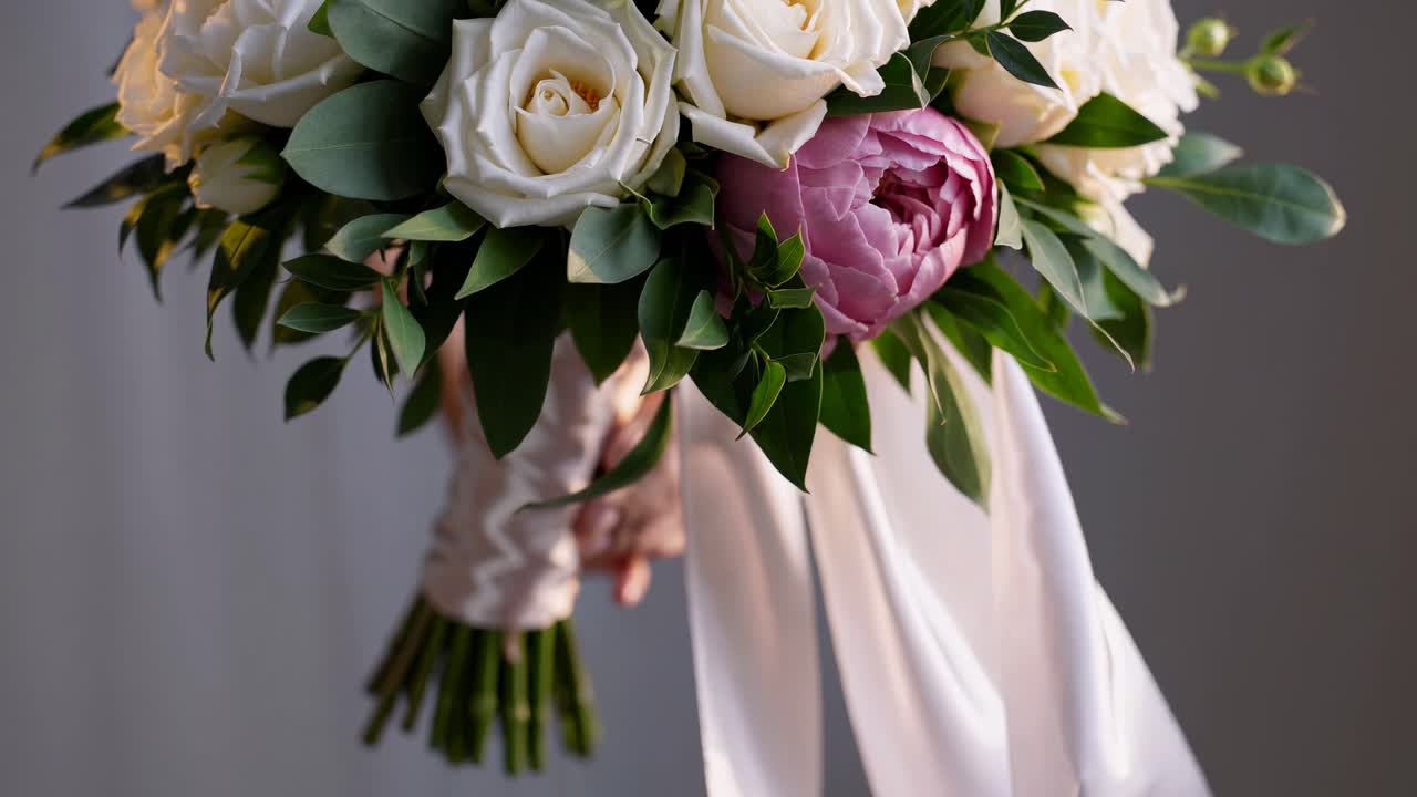 Primo piano di un bouquet da sposa con rose bianche e peonie rosa, ripreso di profilo.