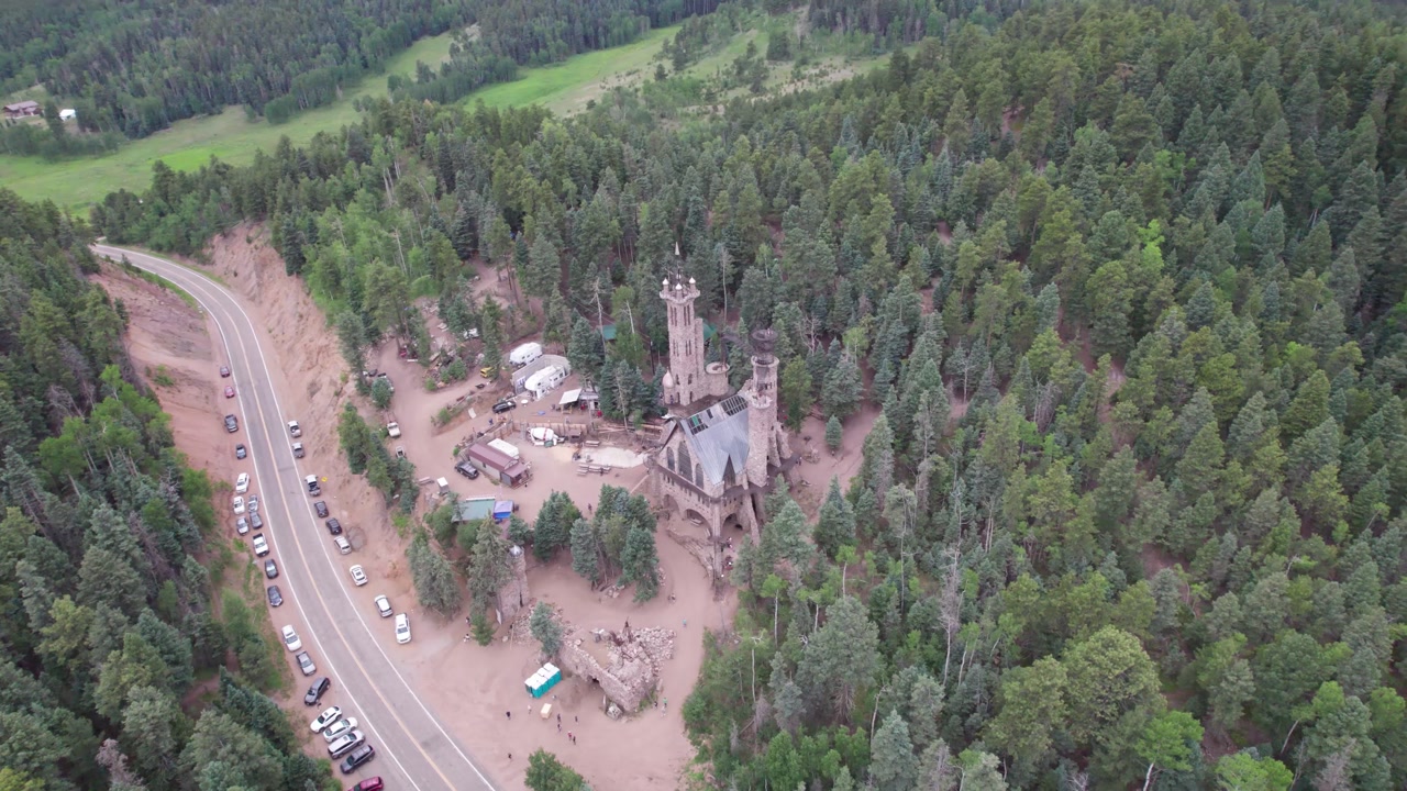 Aerial video of Bishop Castle in Rye, Colorado. Camera record in Point of Interest style rotating clockwise.