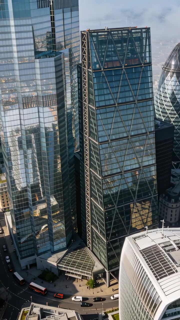 Vídeo vertical: Câmera inclinando-se para revelar torre com estrutura em X na cidade, mostrando marquise e ônibus.
