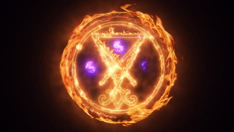 animación reveladora emocionante y muy emotiva del símbolo del sigilo de lucifer, con el siniestro emblema 666 en llamas rugientes, brasas ardientes y chispas, sobre un fondo negro ahumado y brillante