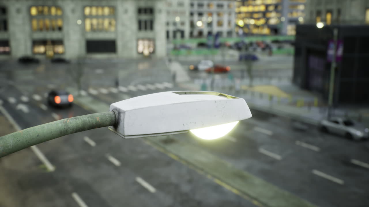 City street illuminated by a unique lamp post at dusk with blurred traffic