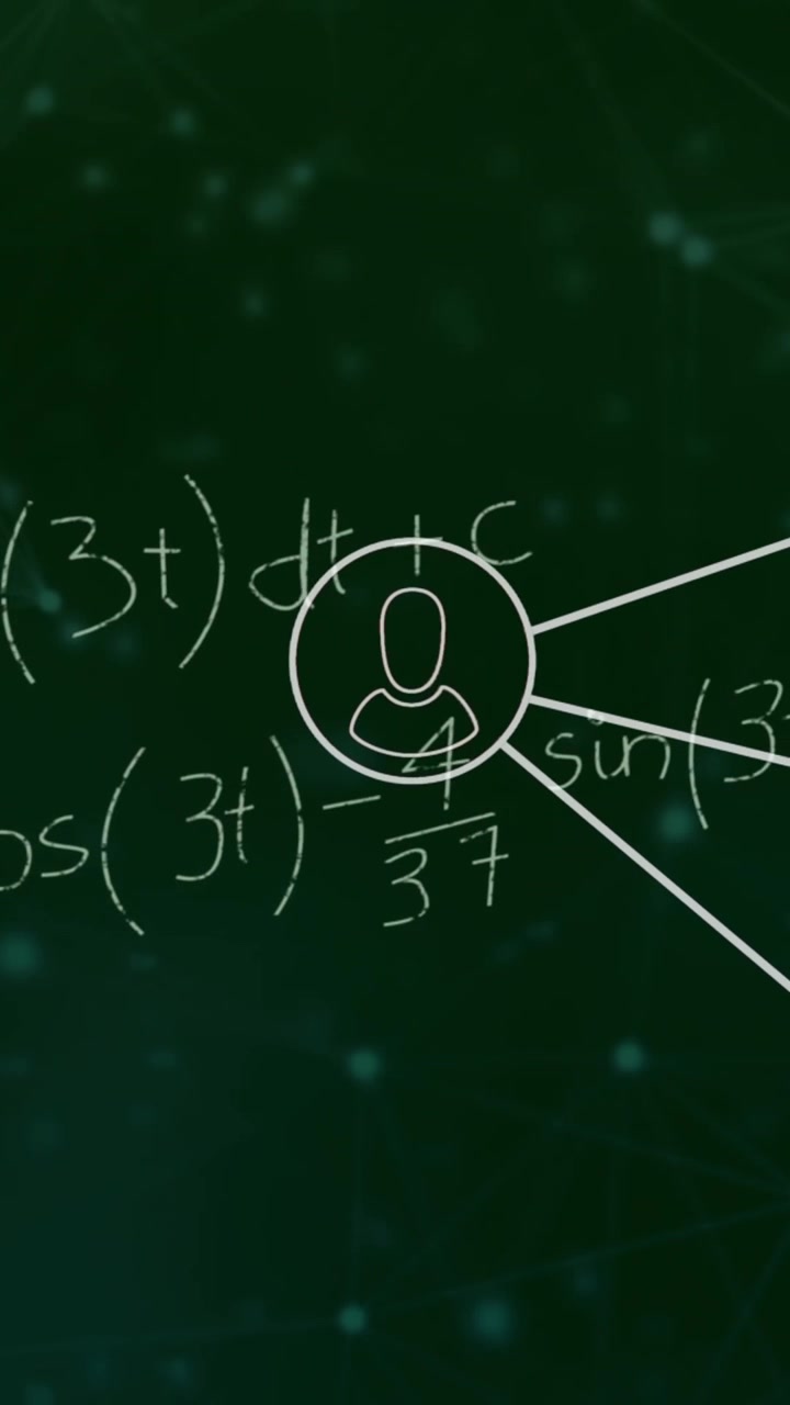 Animation of mathematical equations over network of connections with icons on green background