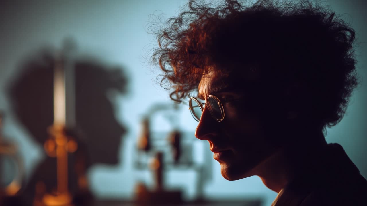 Eine nachdenkliche Figur mit lockigem Haar und Brille wird dramatisch beleuchtet und erforscht in einer sanft beleuchteten Umgebung Themen wie Reflexion und Schatten