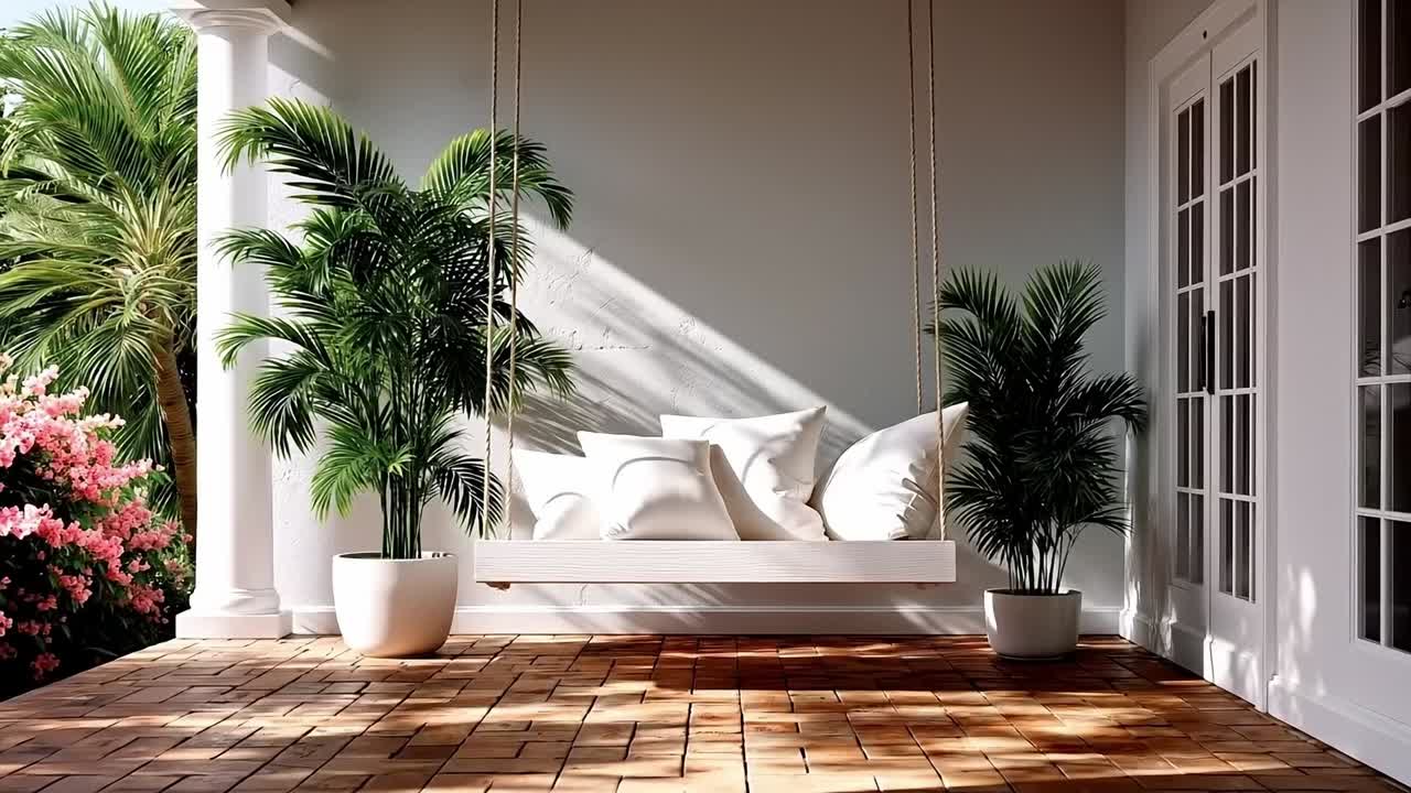 Veranda s houpačkou, polštáři a rostlinami na dřevěné podlaze
