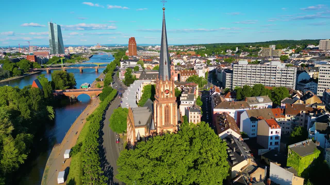 Aerial view of Frankfurt cityscape and Saint Nicholas Church