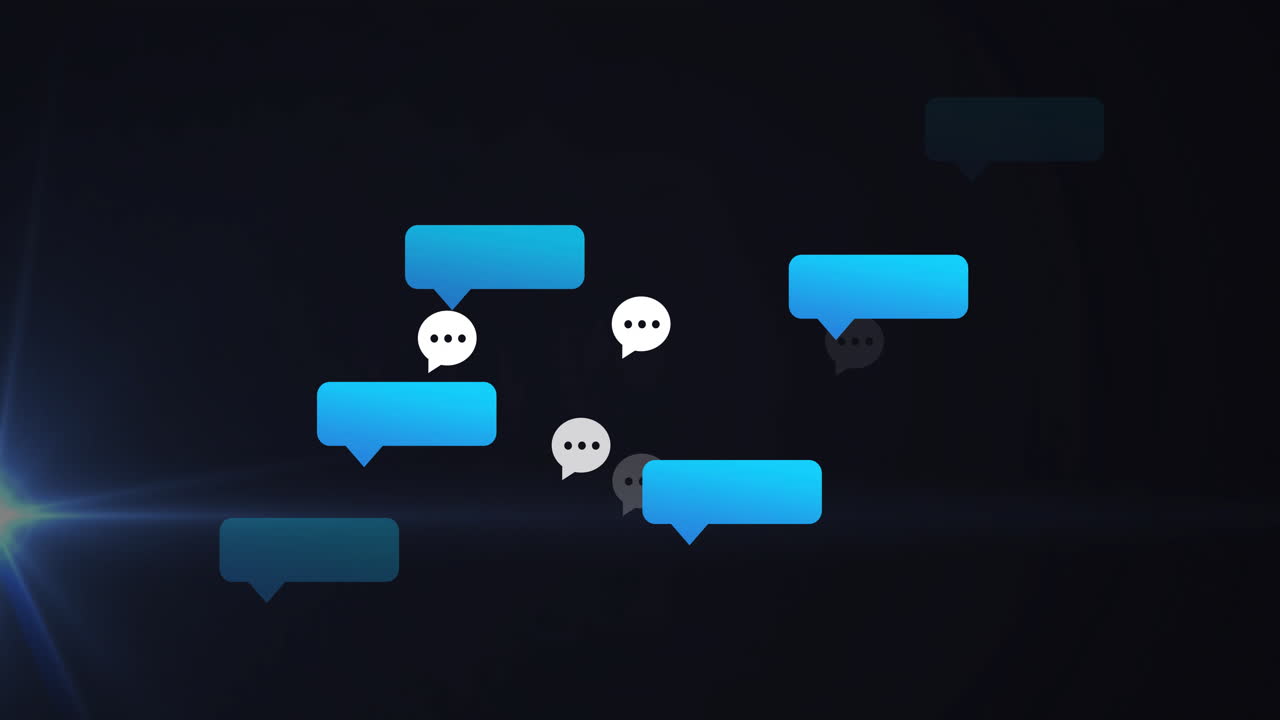 Animation of blue and white chat bubbles floating on dark background